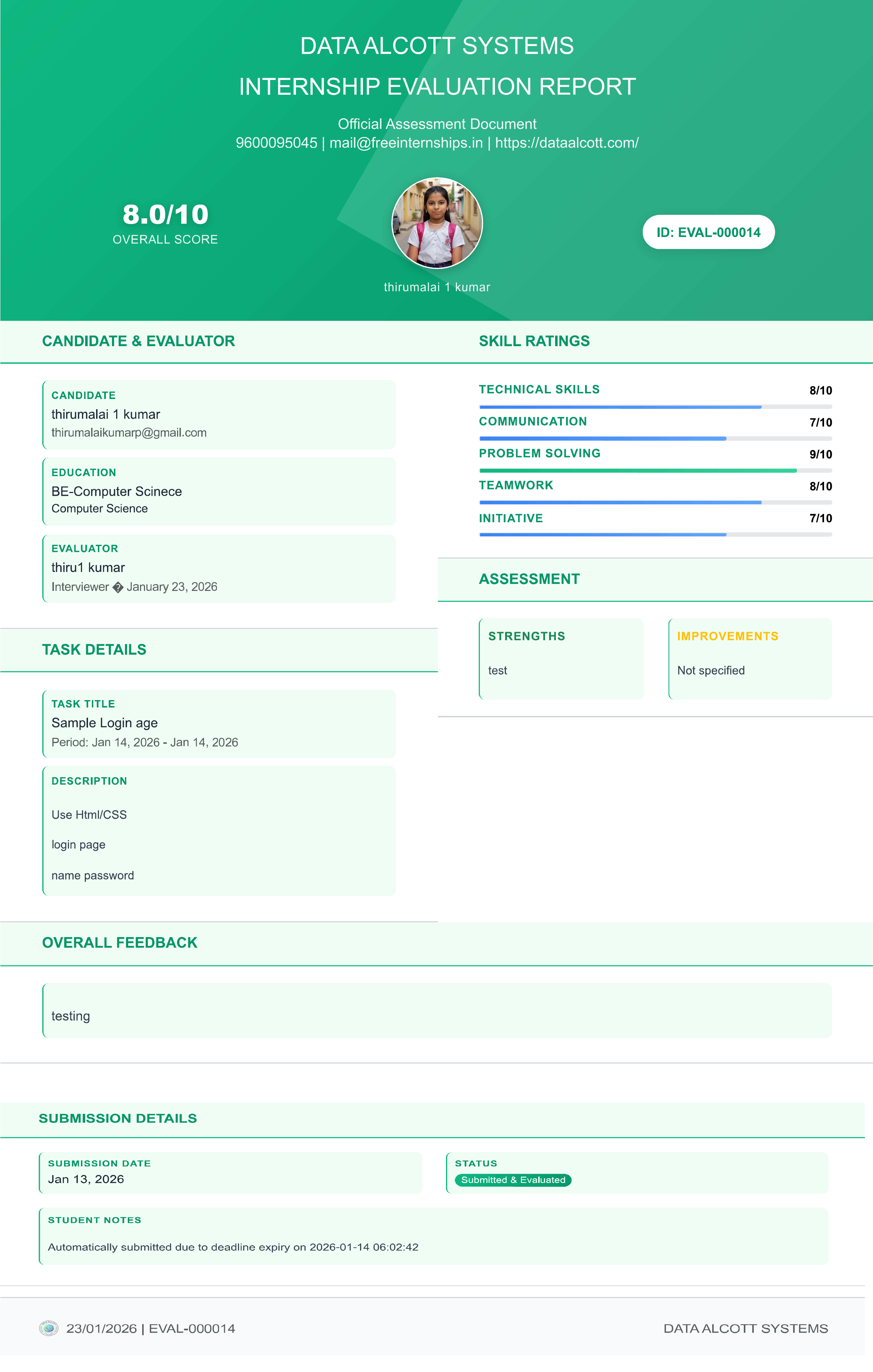 Sample Internship Task Evaluation Report